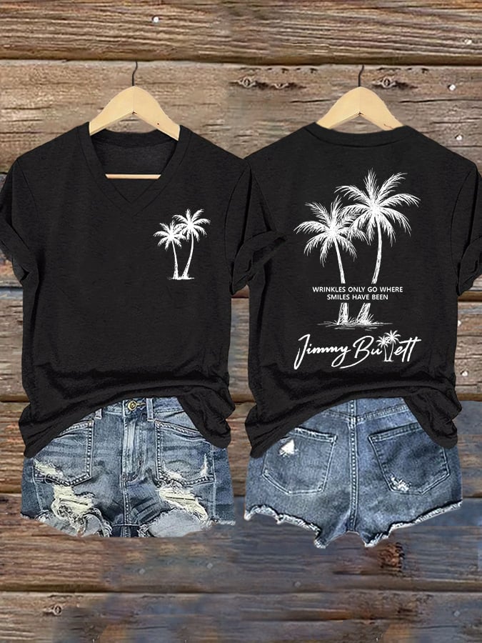 V Neck Retro Wrinkles Only Go Where Smiles Have Been Print T-Shirt