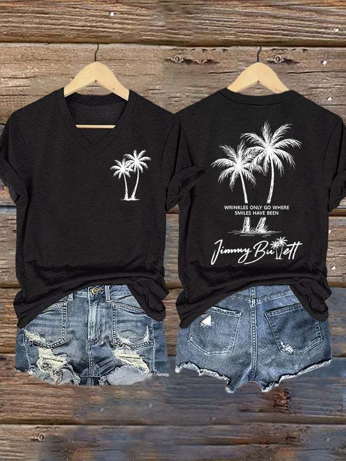 V Neck Retro Wrinkles Only Go Where Smiles Have Been Print T-Shirt