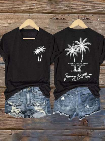 V Neck Retro Wrinkles Only Go Where Smiles Have Been Print T-Shirt