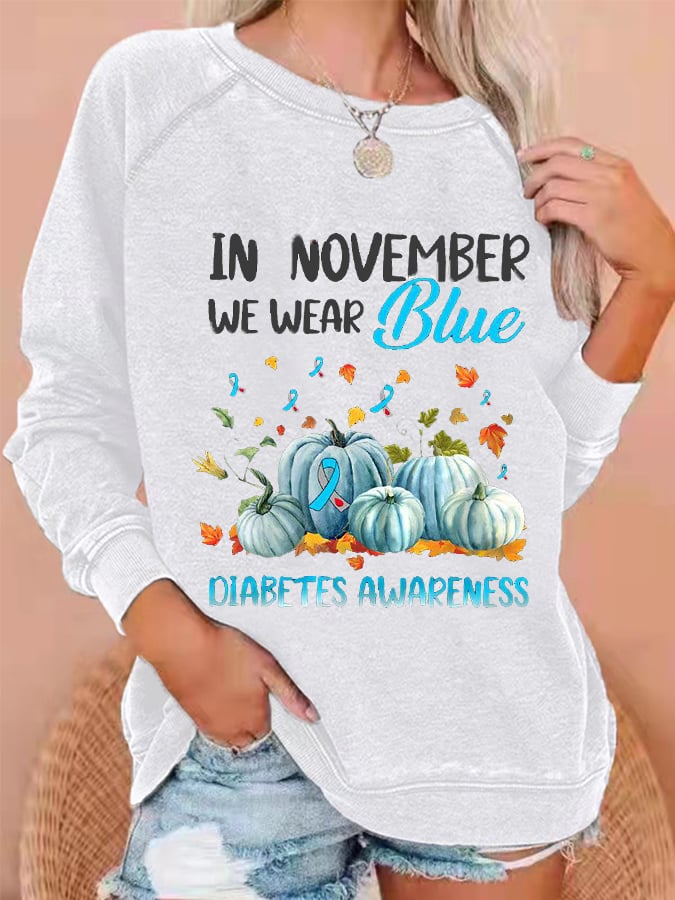 Women's In November We Wear Blue For Diabetes Awareness Pumpkin Print Casual Sweatshirts