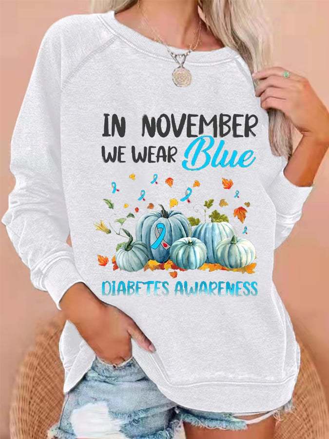 Women's In November We Wear Blue For Diabetes Awareness Pumpkin Print Casual Sweatshirts