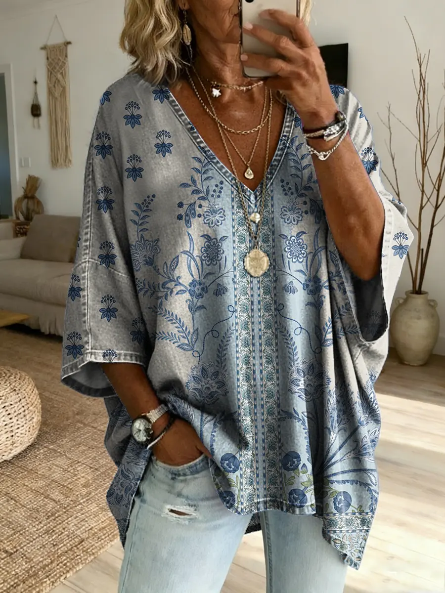 Ethnicity Light Blue Flowers Geometry Women's Art Print Casual Washed Cotton Denim Top