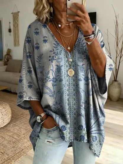 Ethnicity Light Blue Flowers Geometry Women's Art Print Casual Washed Cotton Denim Top