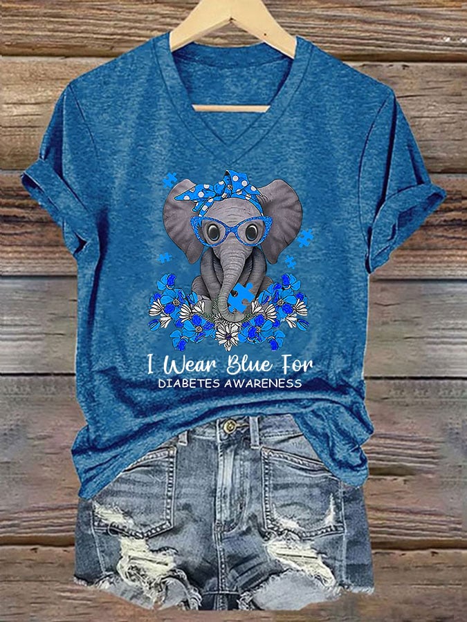 Women's I Wear Blue For Diabetes Awareness Elephant Print T-Shirt