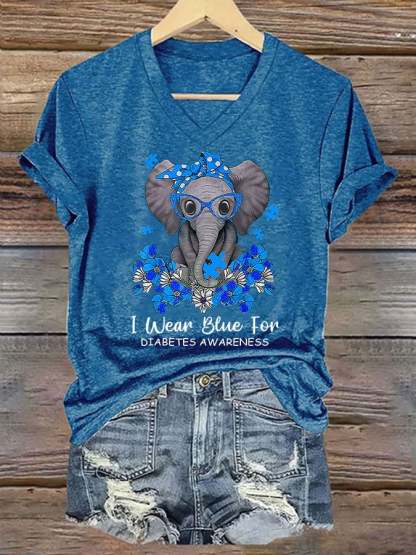 Women's I Wear Blue For Diabetes Awareness Elephant Print T-Shirt