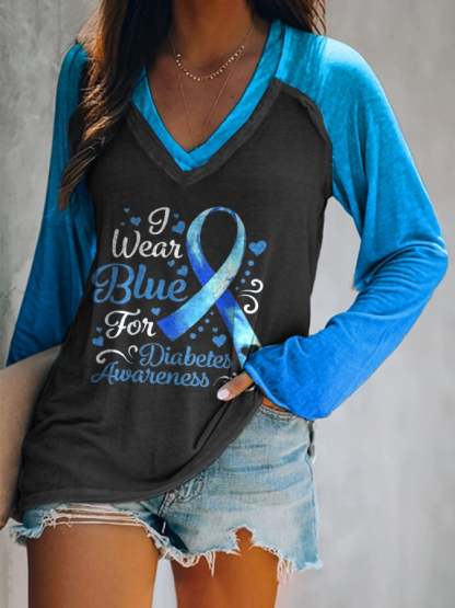 Women's Diabetes Awareness Printed V-Neck Casual T-Shirt