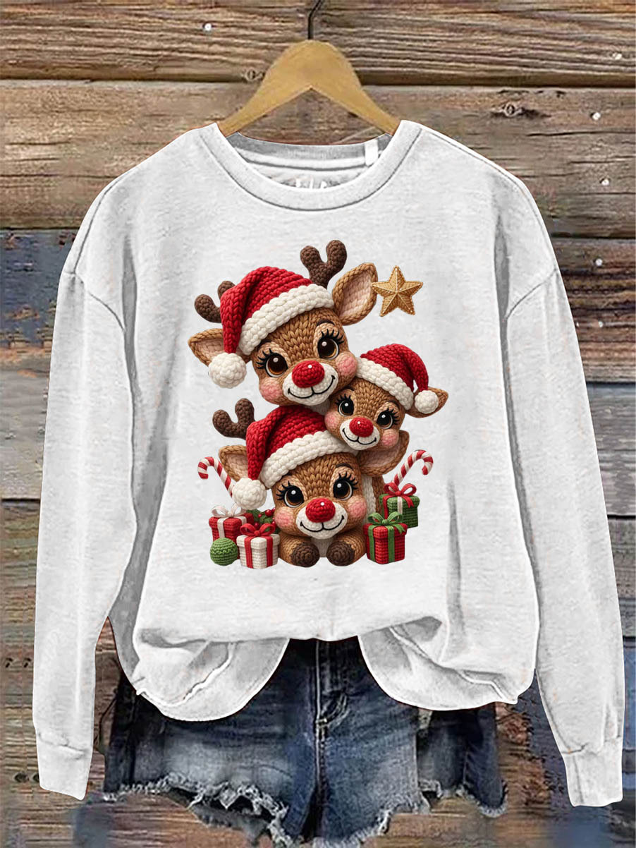 Women's Christmas Elks 3D Knitting Crochet Pattern Neck Sweatshirt