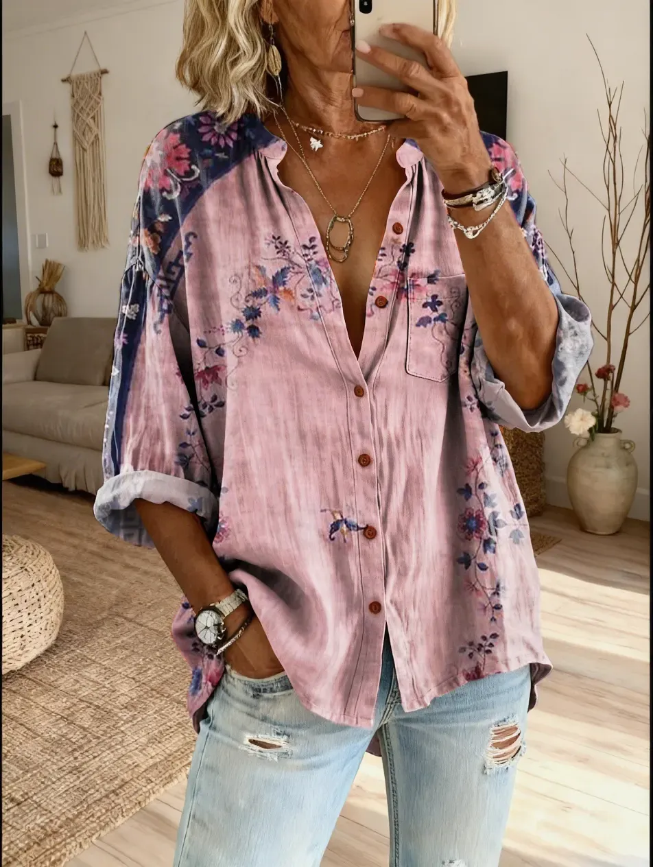 Women's Ethnic Retro Floral Art Print Casual Cotton Linen Shirt
