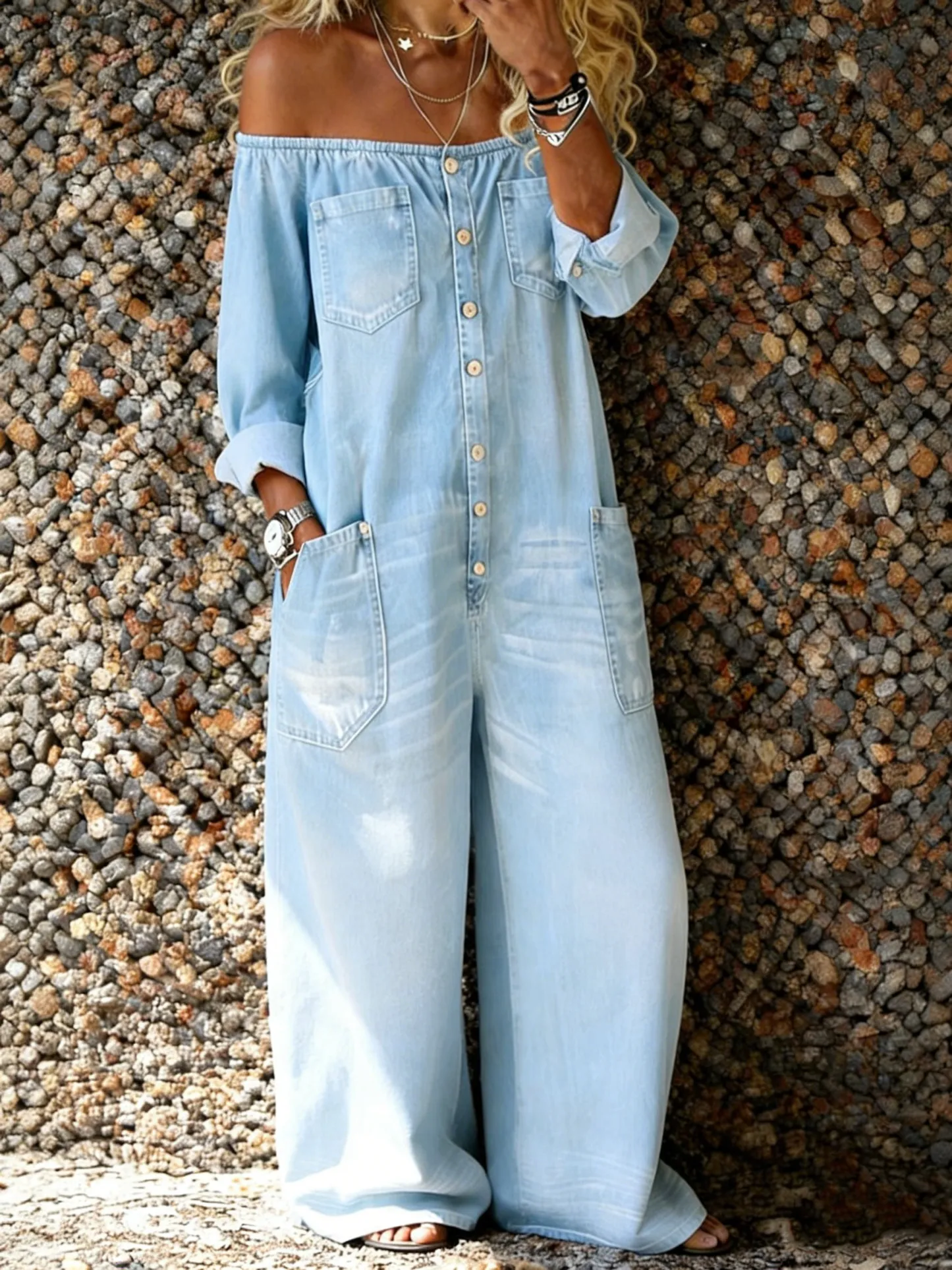 Women's Casual Long-sleeved Washed Cotton Denim Jumpsuit