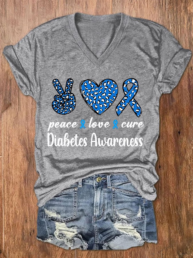 Women's Peace Love Cure Diabetes Awareness V-Neck Tee