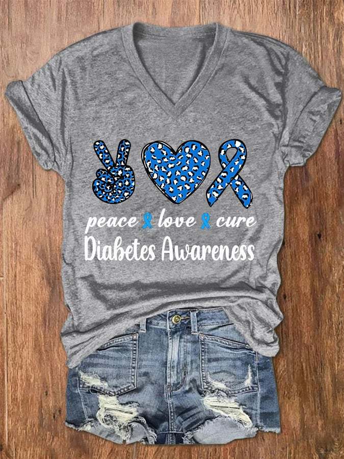 Women's Peace Love Cure Diabetes Awareness V-Neck Tee