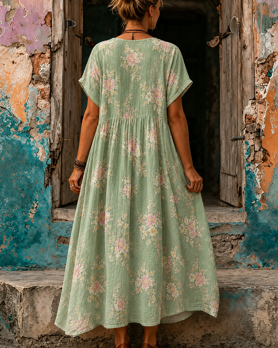 Women's Vacation Linen Boho Floral Print V-Neck Short Sleeve Maxi Dress