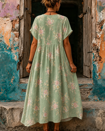 Women's Vacation Linen Boho Floral Print V-Neck Short Sleeve Maxi Dress