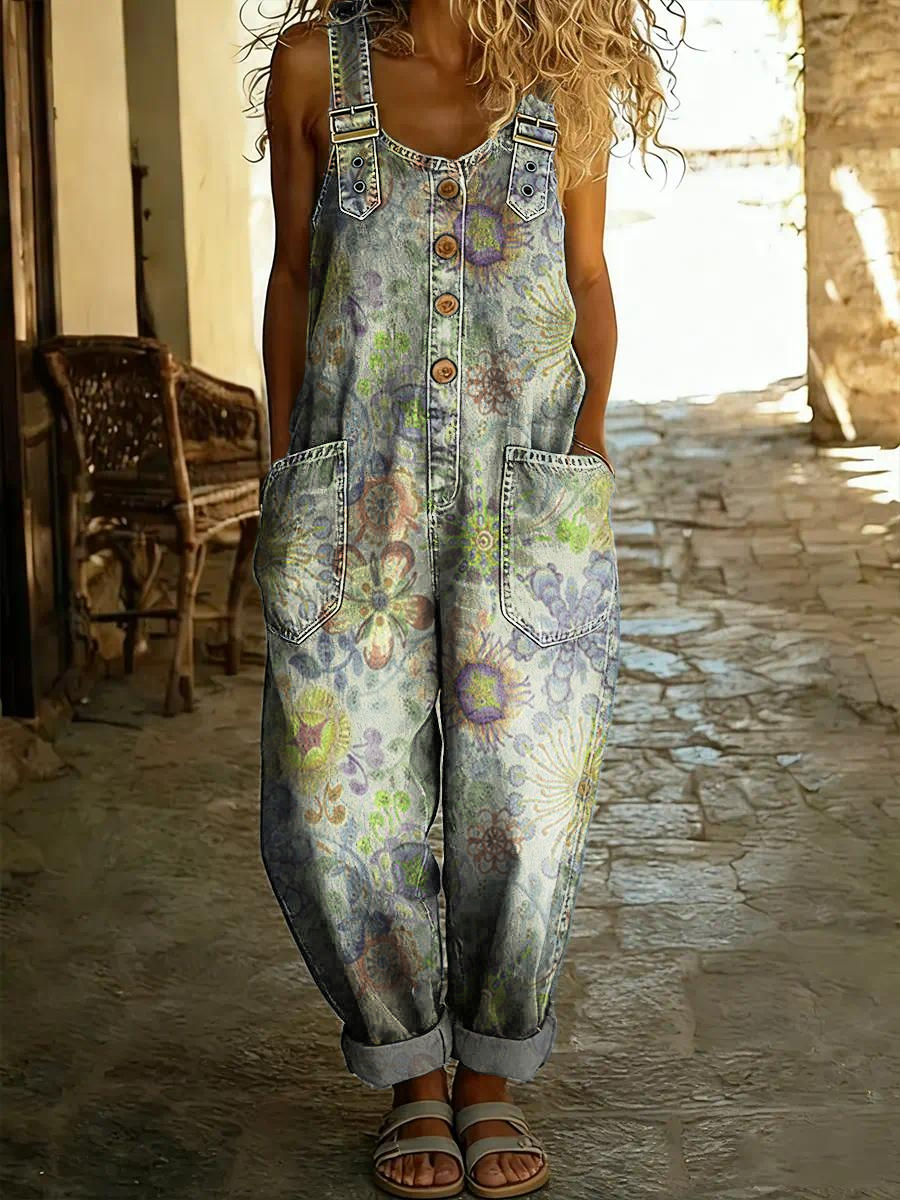 Women's Vintage Floral Art Print Sleeveless Washed Cotton Denim Jumpsuit