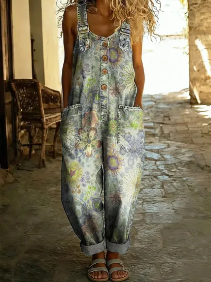 Women's Vintage Floral Art Print Sleeveless Washed Cotton Denim Jumpsuit