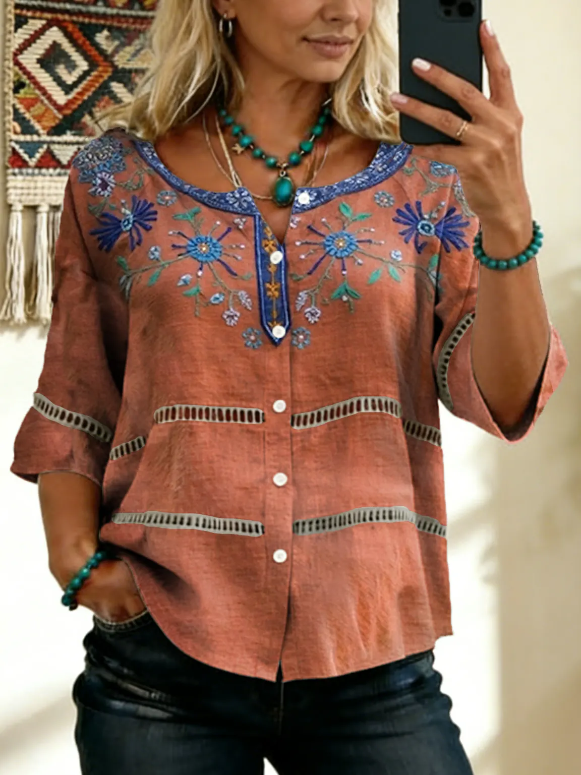 Women's Vintage Floral Art Print Tie-front Button-up Cotton-linen Blend Short-sleeve Shirt