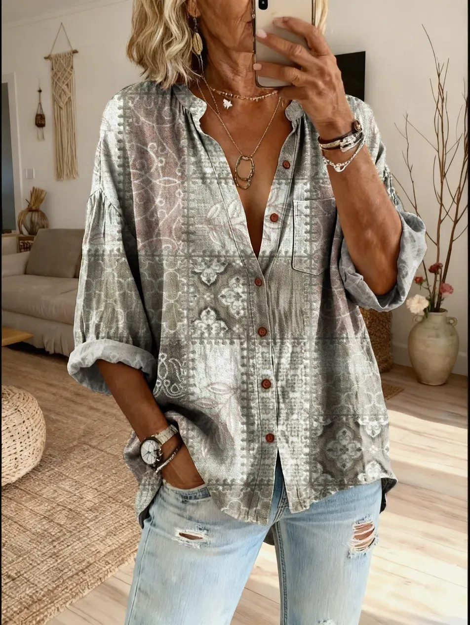 Women's Bohemian Vintage-Patterned Artistic Print Casual Cotton-Linen Shirt