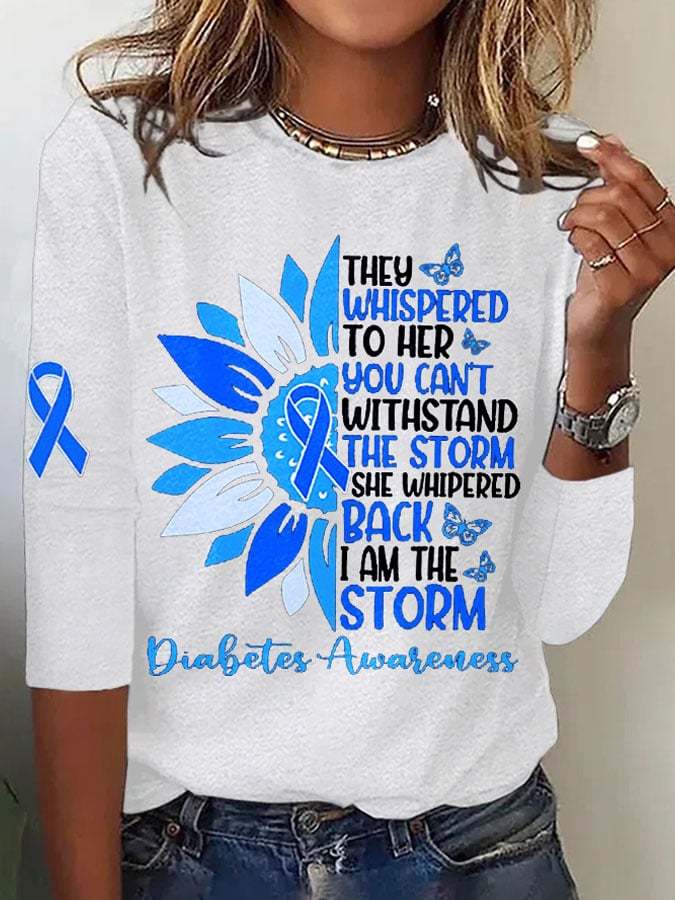 Retro Diabetes Awareness She Whispered Back I Am The Storm Sunflower Blue Ribbon Print T-Shirt