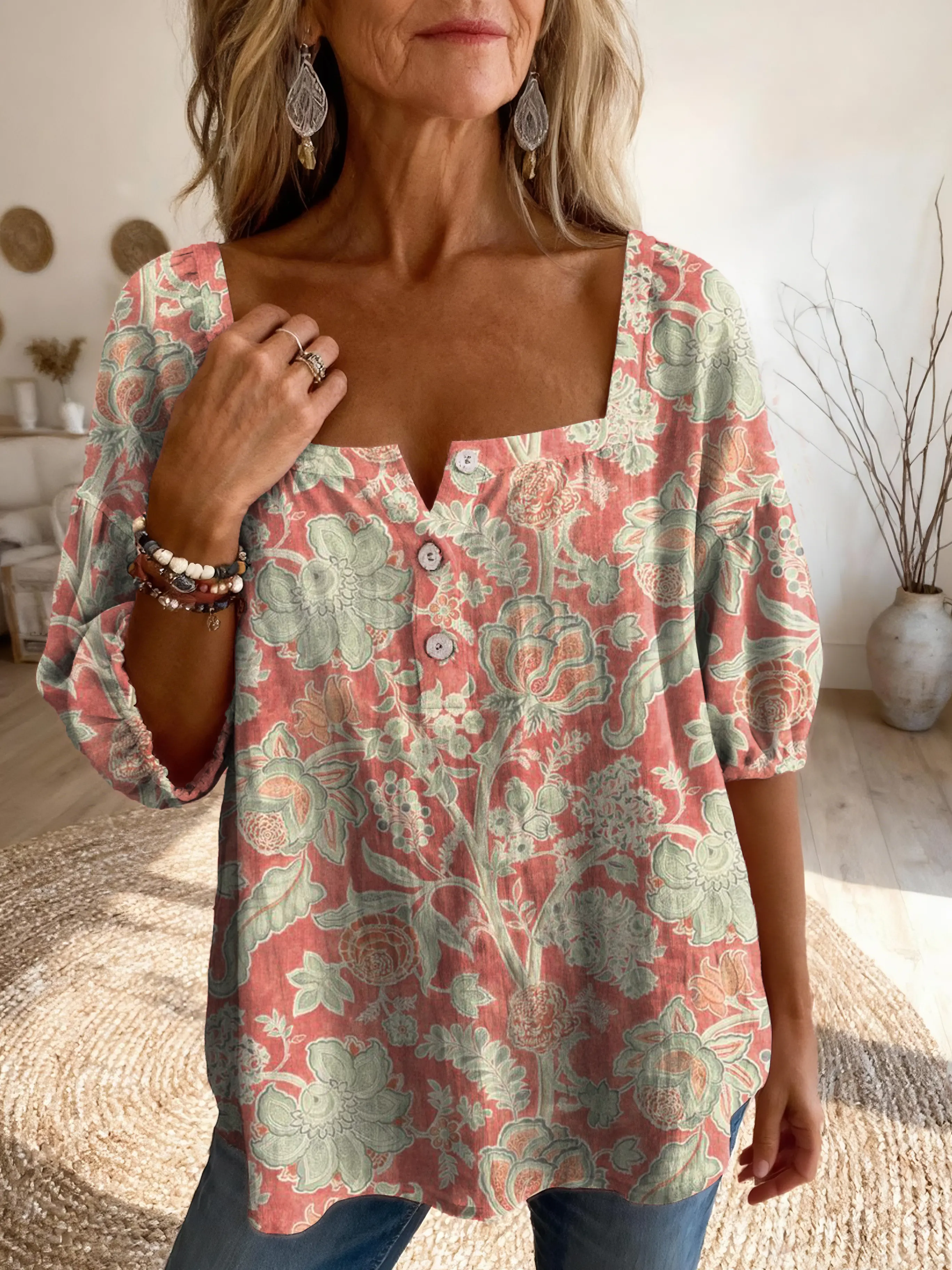 Ethnicity Retro Flowers Women's Vintage Art Print Casual Square-neck Top