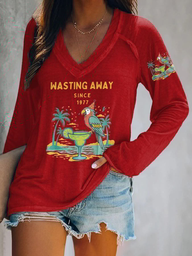 V-neck Retro Parrot Margarita Wasting Away Since 1977 Print T-Shirt