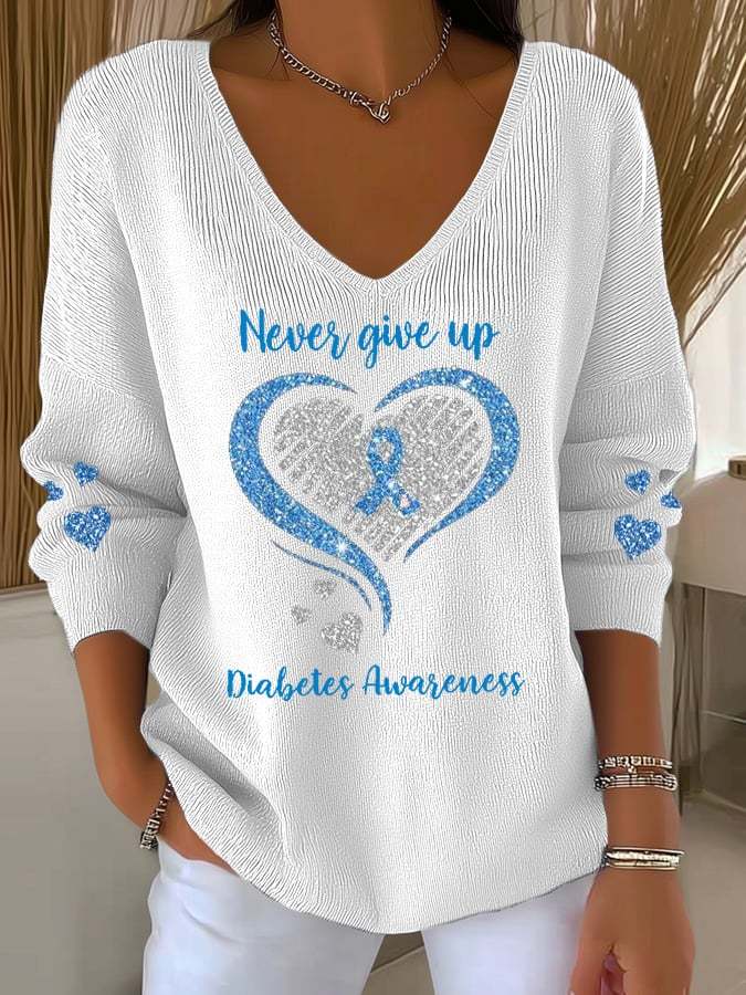 Women's Never Give Up – Diabetes Awareness Print V Neck Sweater