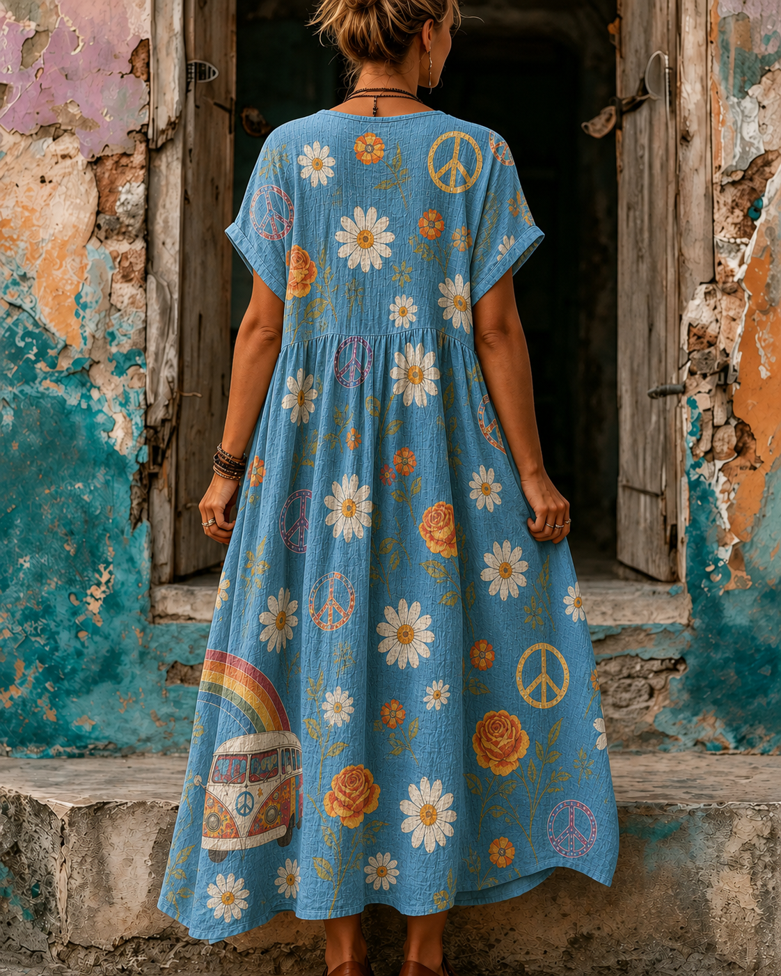 Women's Vacation Linen Boho Floral Print V-Neck Short Sleeve Maxi Dress