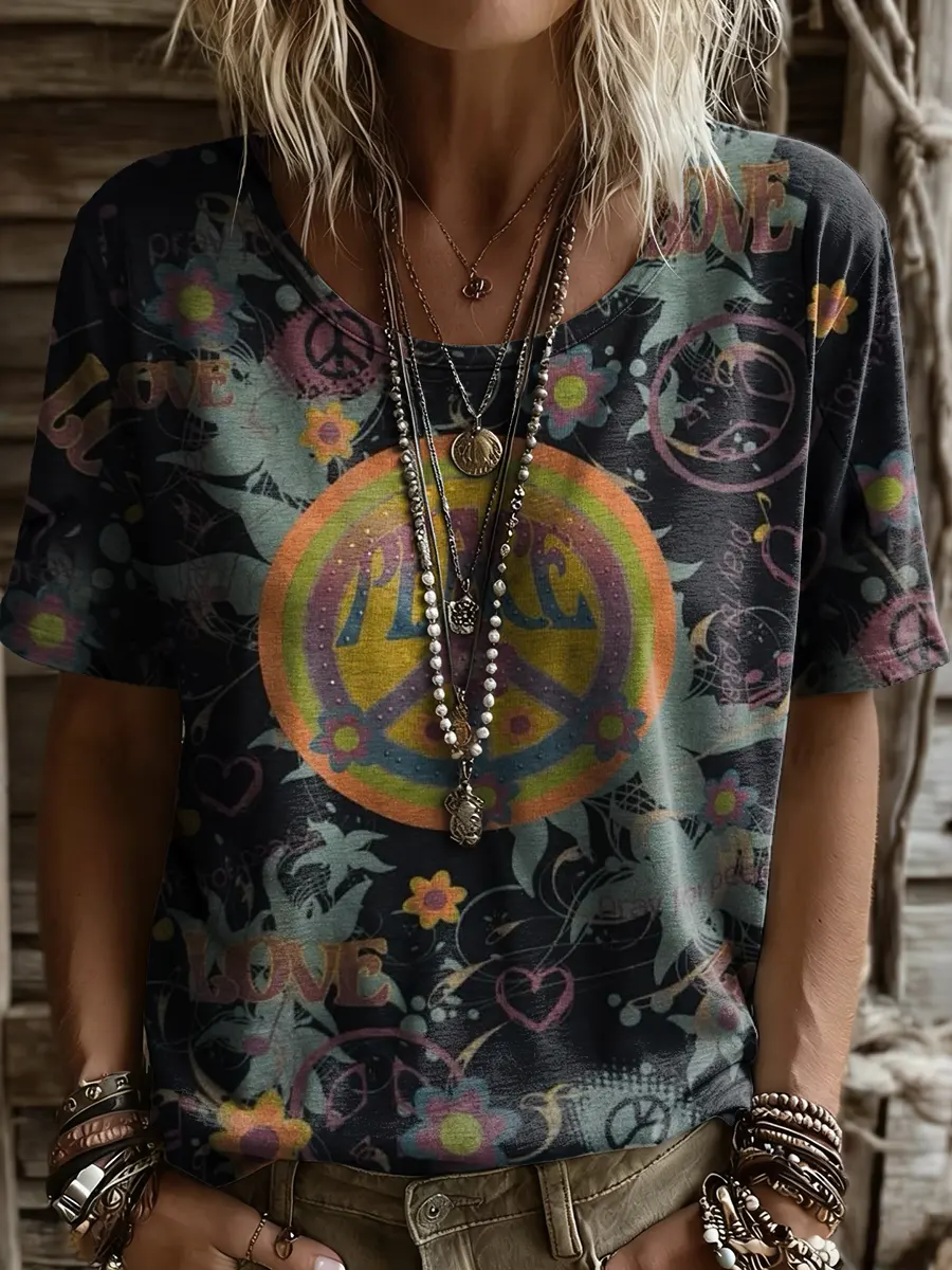 Women's Retro Hippie Art Print Casual Short-Sleeve Crew Neck Pure Cotton T-Shirt