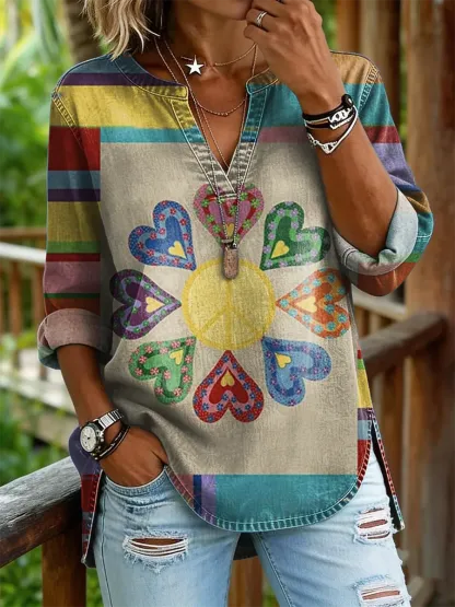 Women's Colorful Heart Pattern Art Print Casual V-neck Washed Cotton Denim Shirt