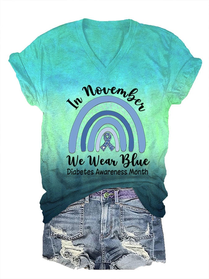 Women's In November We Wear Blue Diabetes Awareness Month Print V-Neck T-Shirt