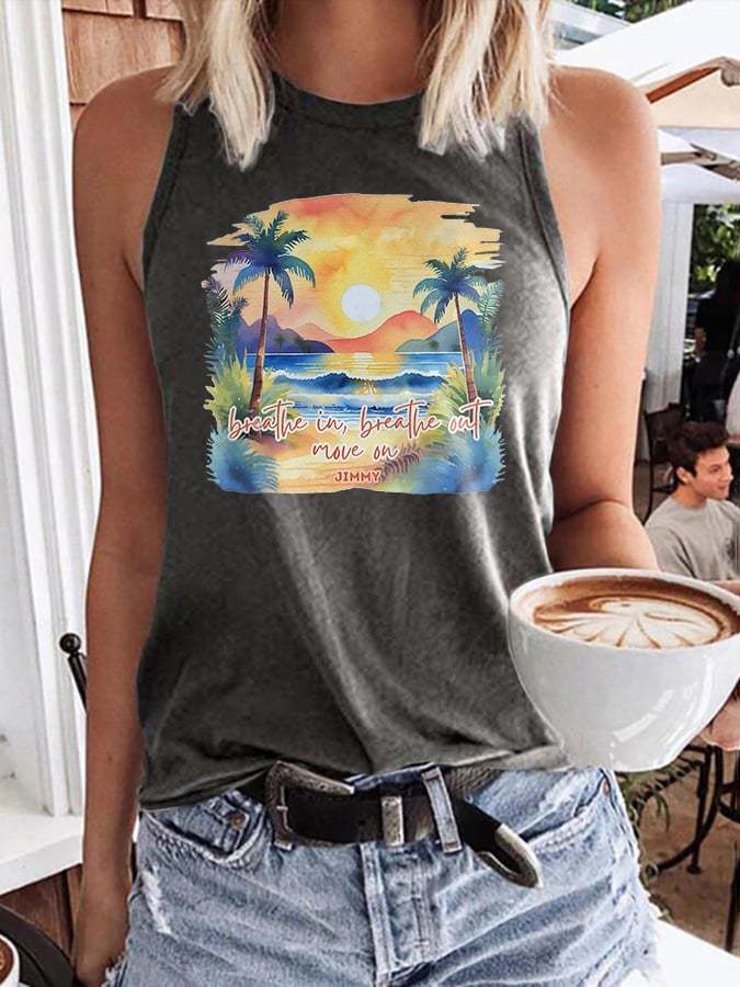 Retro Breathe In, Breathe Out, Move On Print Tops Tank