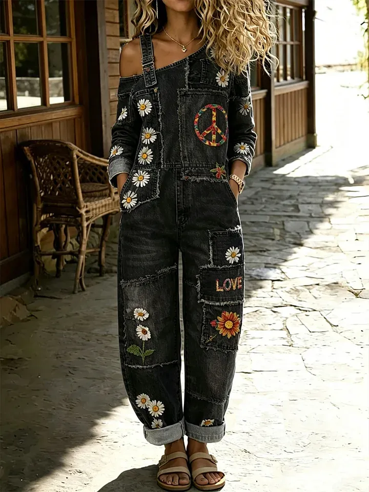 Women's Retro Floral Color-Blocked Art Print Washed Cotton Denim Patchwork Jumpsuit