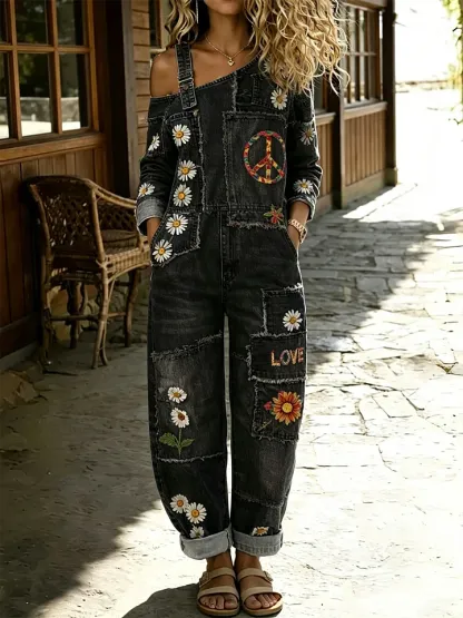 Women's Retro Floral Color-Blocked Art Print Washed Cotton Denim Patchwork Jumpsuit