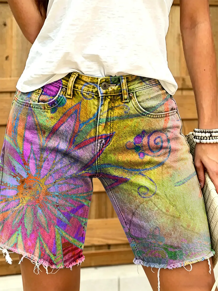 Women's Watercolor Big Floral Print Frayed Denim Bermuda Shorts