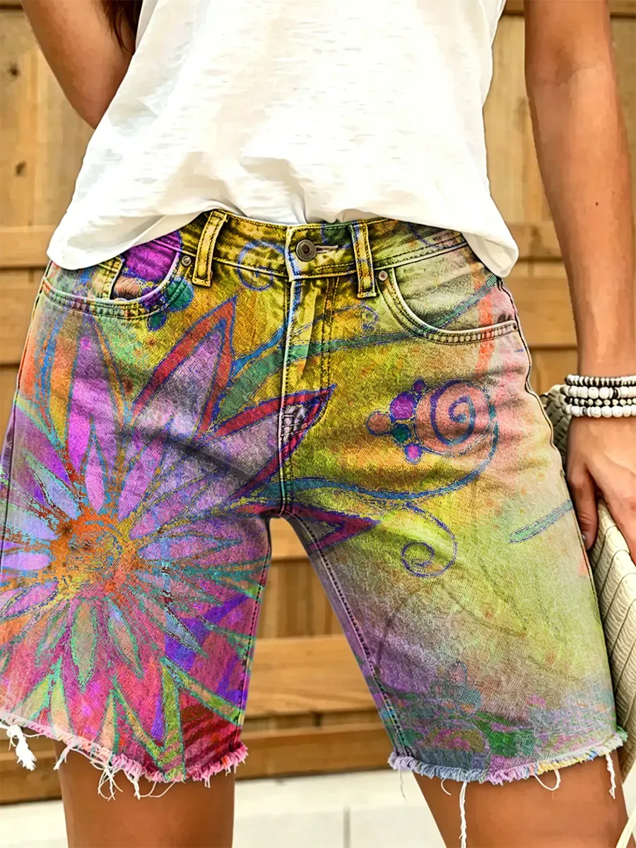 Women's Watercolor Big Floral Print Frayed Denim Bermuda Shorts