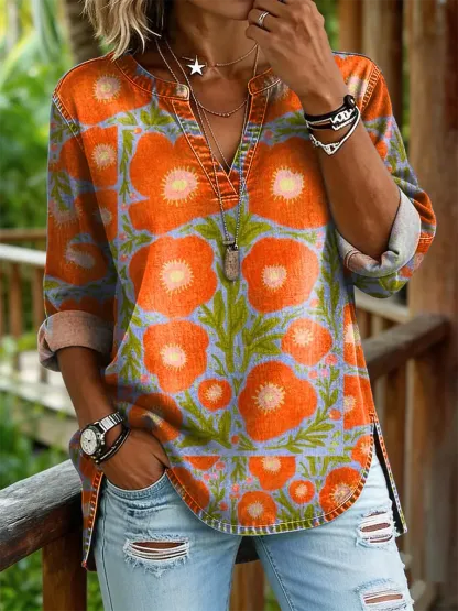 Women's Floral Art Print Casual V-neck Washed Cotton Denim Shirt