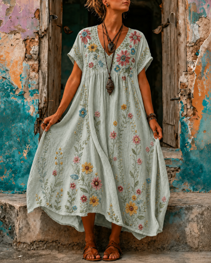 Women's Vacation Linen Boho Floral Embroidery V-Neck Short Sleeve Maxi Dress