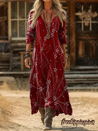 Women's Vintage Ethnic Floral Print Artistic Pocket Cotton Dress