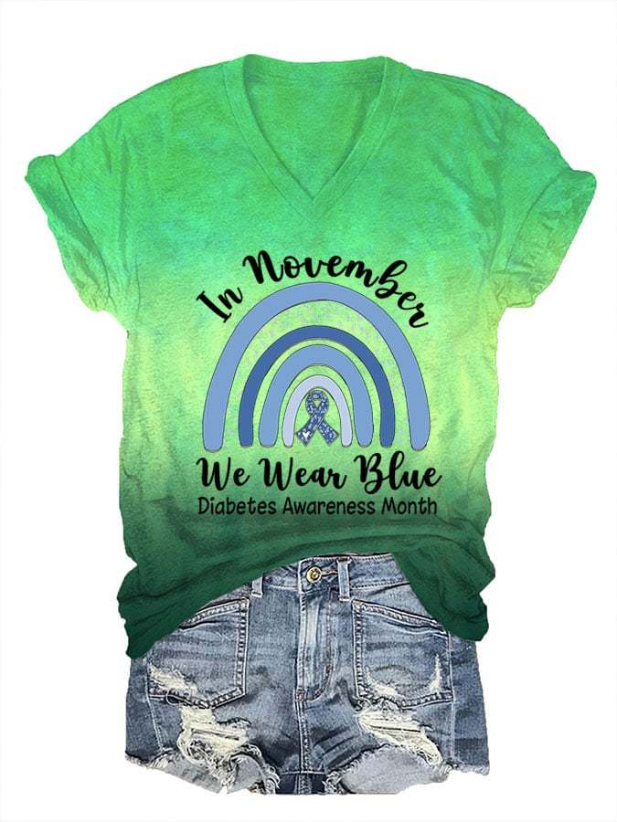 Women's In November We Wear Blue Diabetes Awareness Month Print V-Neck T-Shirt