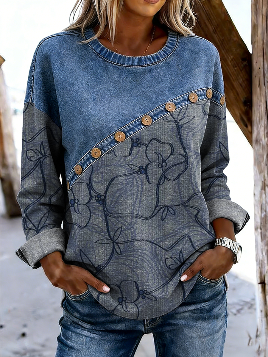 Women's Retro Floral Art Print Casual Long-sleeve Patchwork Shirt