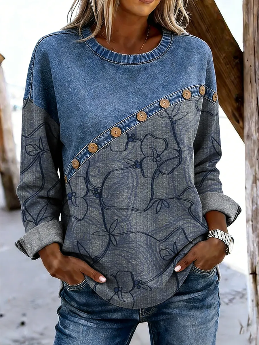 Women's Retro Floral Art Print Casual Long-sleeve Patchwork Shirt