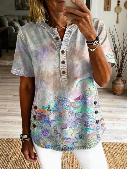 Women's Retro Colorful Ethnic Art Print Casual Short-sleeve Shirt