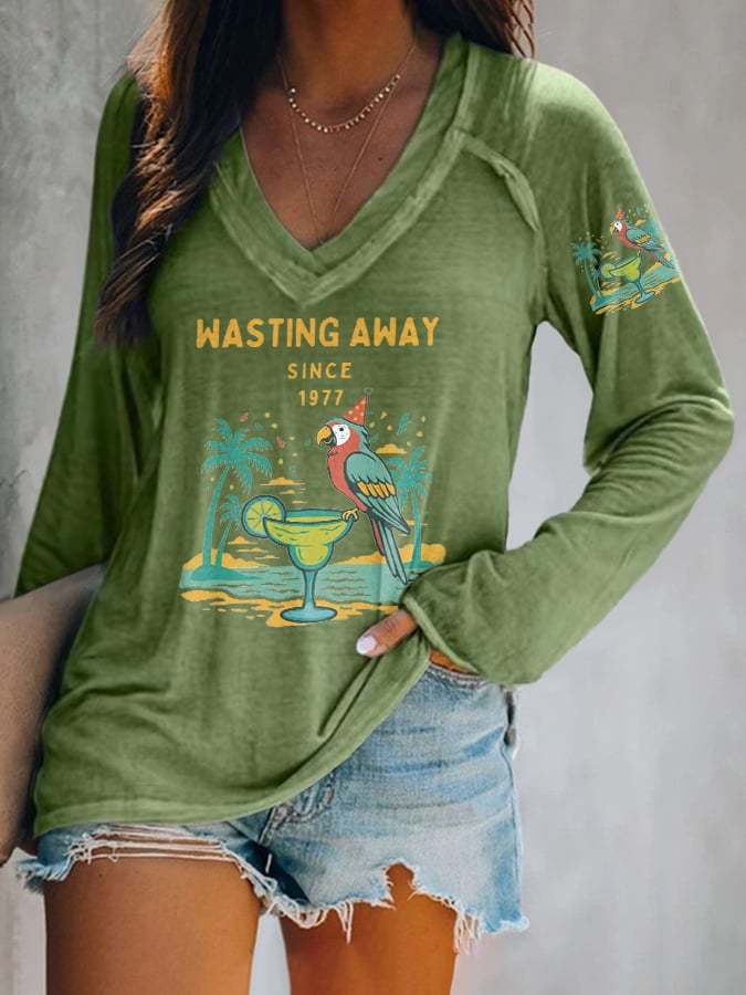 V-neck Retro Parrot Margarita Wasting Away Since 1977 Print T-Shirt