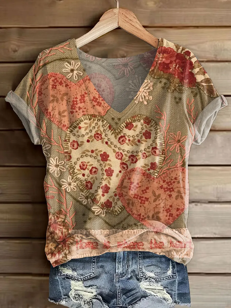 Women's Heart-Shaped Floral Pattern Art Print V-Neck Short Sleeve