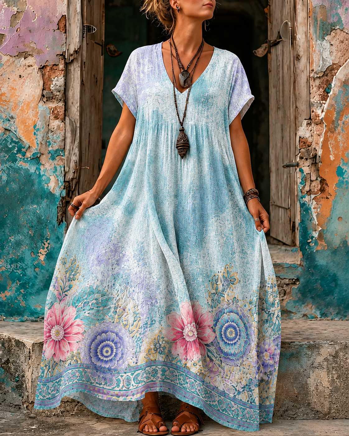 Women's Vacation Linen Floral Print V-Neck Short Sleeve Maxi Dress