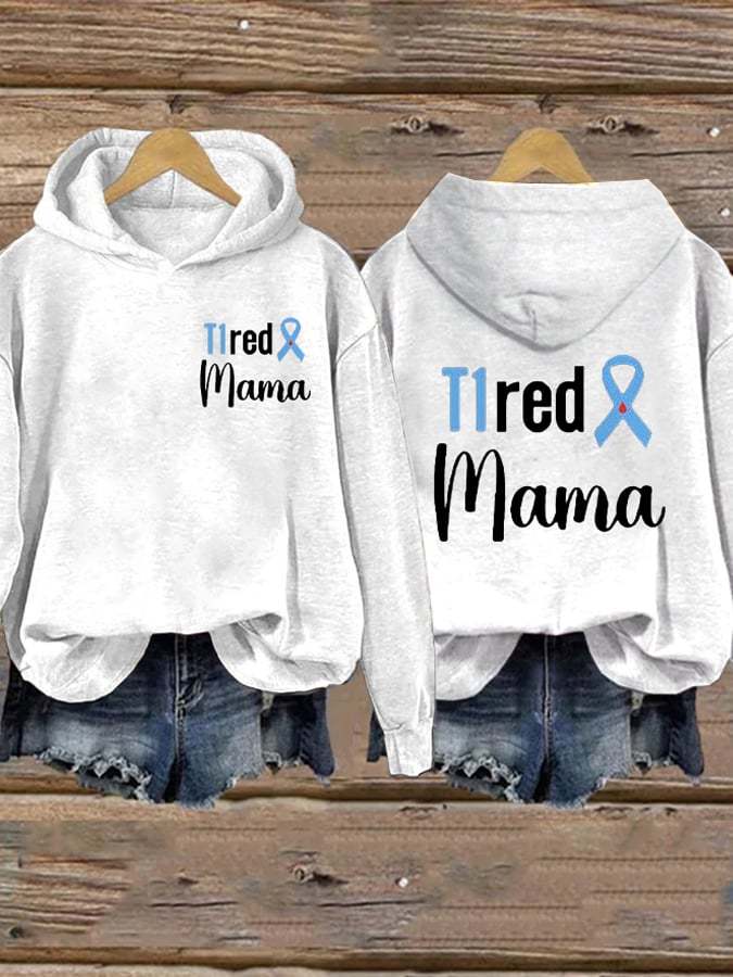 Women's T1red Mama Diabetes Awareness Blue Ribbon Print Casual Hoodie
