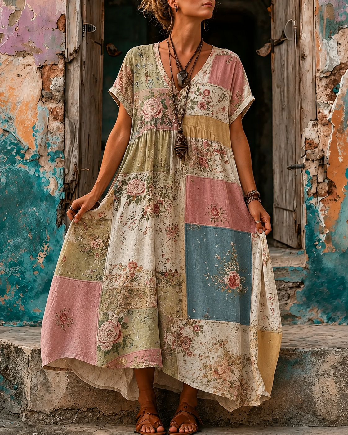 Women's Vacation Linen Boho Floral Print V-Neck Short Sleeve Maxi Dress