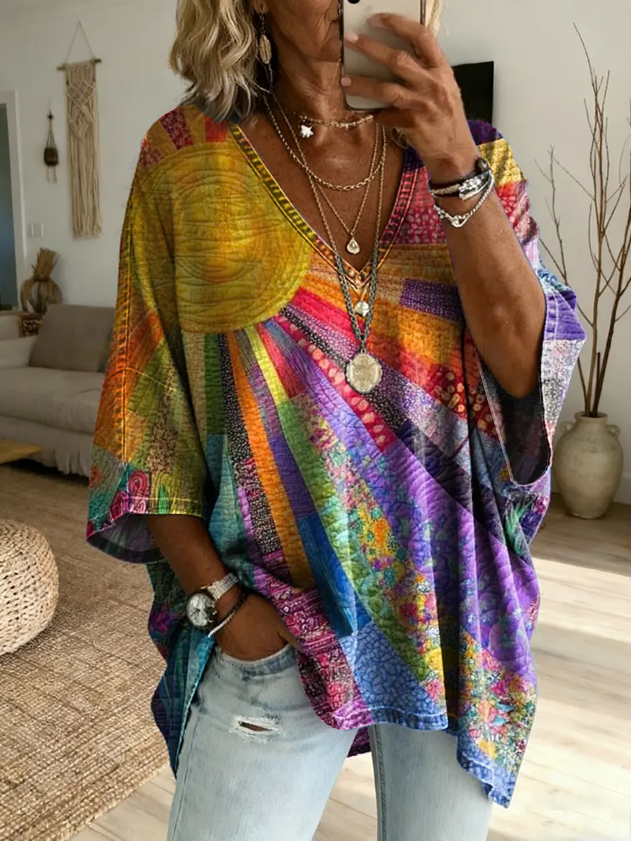 Vintage Sun Patchwork Women's Art Print Casual Washed Cotton Denim Top