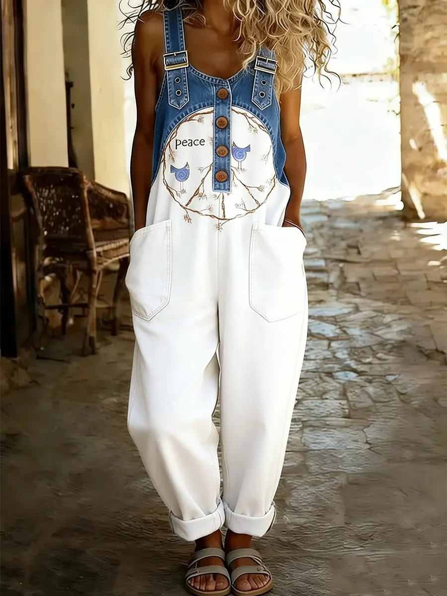 Women's Hippie Peace Bird Art Print Patchwork Denim Overalls