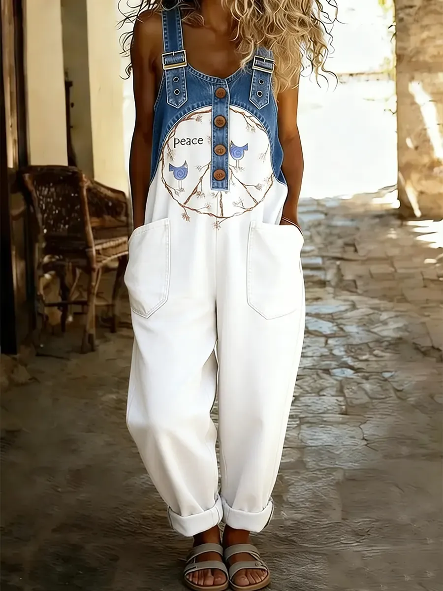 Women's Hippie Peace Bird Art Print Patchwork Denim Overalls