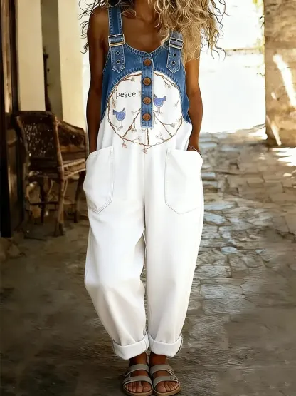 Women's Hippie Peace Bird Art Print Patchwork Denim Overalls
